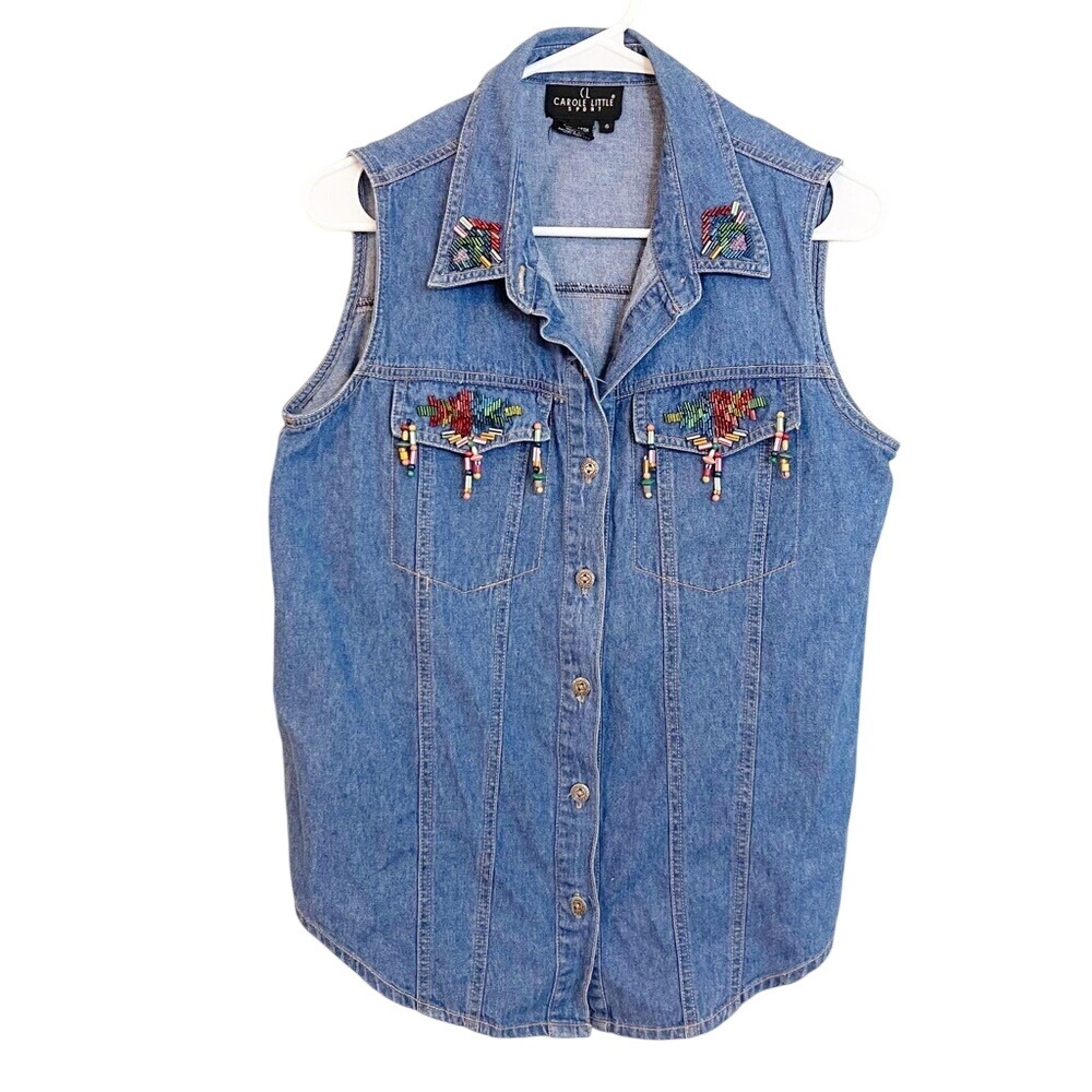 Carole Little Sport Blue Denim Beaded Sleeveless Vest Women Size 6 Southwestern